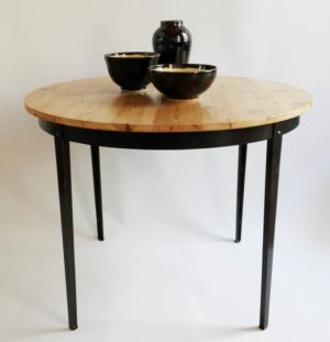 Metal and reclaimed 19th century Oregon pine round table