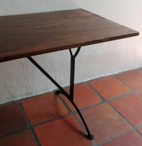 Four seater table made from 19th century reclaimed yellowwood on metal base