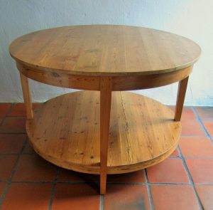 Round table with shelf made from reclaimed 19th century Oregon pine