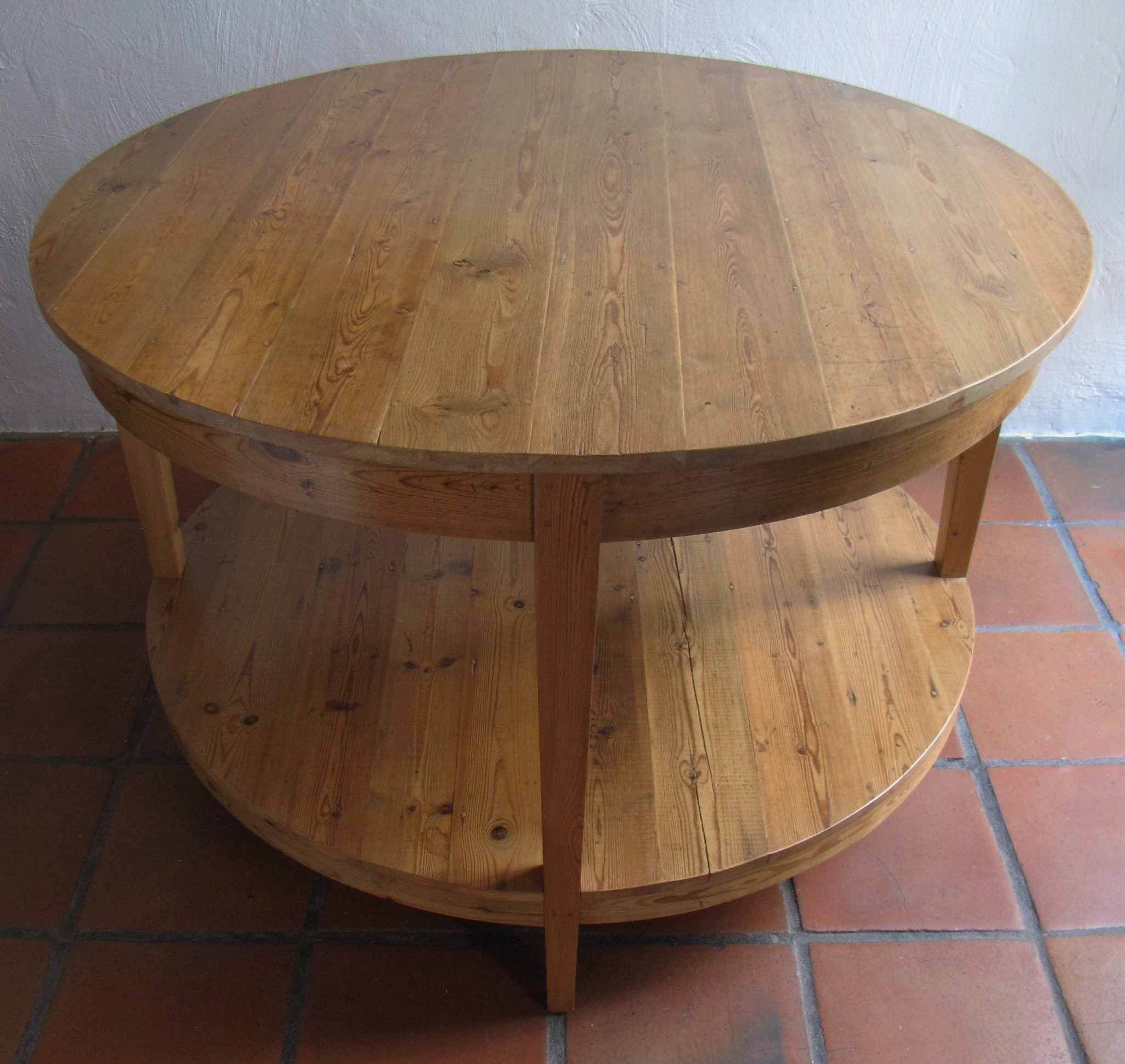 Round table with shelf made from reclaimed 19th century Oregon pine