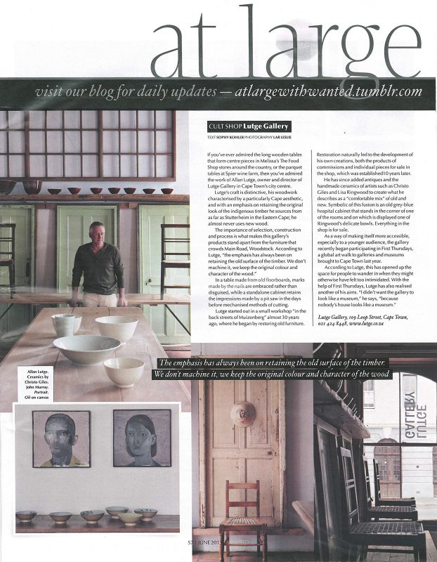 In Business Day's Wanted magazine - 7 June 2013. Lutge Gallery, the cult shop
